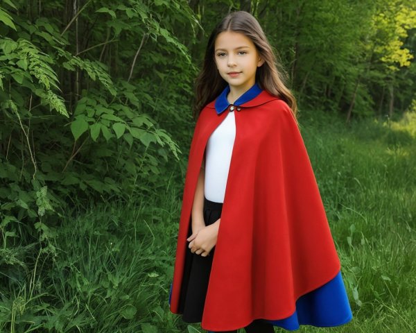 Young girl in red cape in a lush green forest