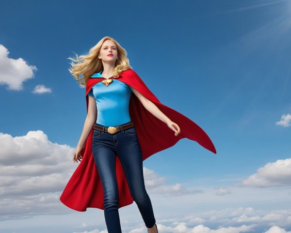 Young Woman in Red Cape Against Blue Sky