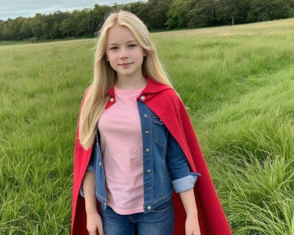 Young Girl in Red Cape in Vibrant Green Field