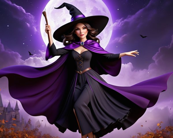 Whimsical Witch Under Full Moon with Mystical Backdrop
