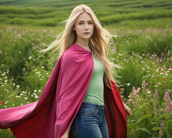 Young Woman in Vibrant Wildflower Field with Cape