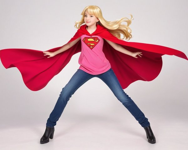 Young girl in superhero pose with cape and logo