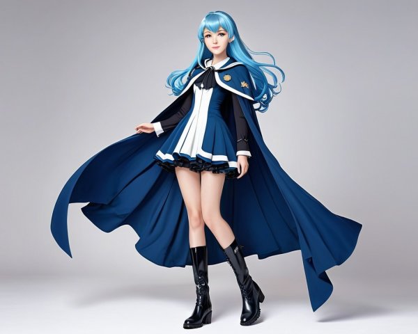 Elegant Character with Long Blue Hair and Stylish Outfit