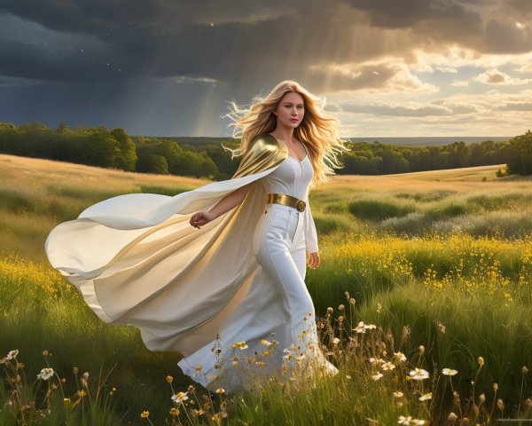 Woman in White Cape in Sunlit Wildflower Field