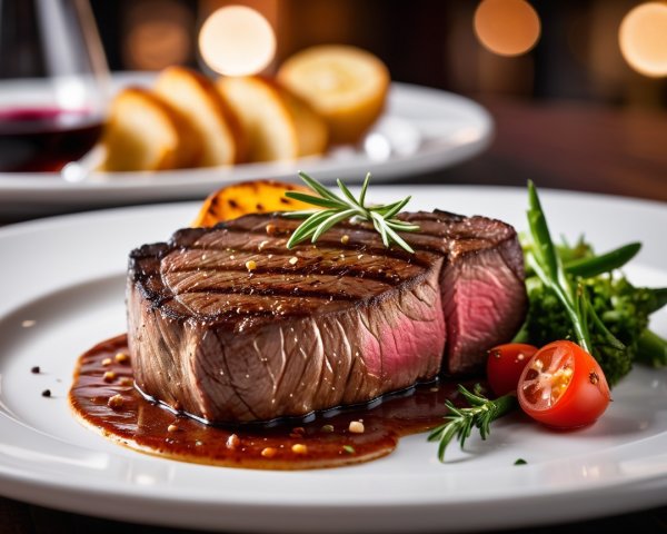 Filet Mignon with Sauce and Vegetables on White Plate