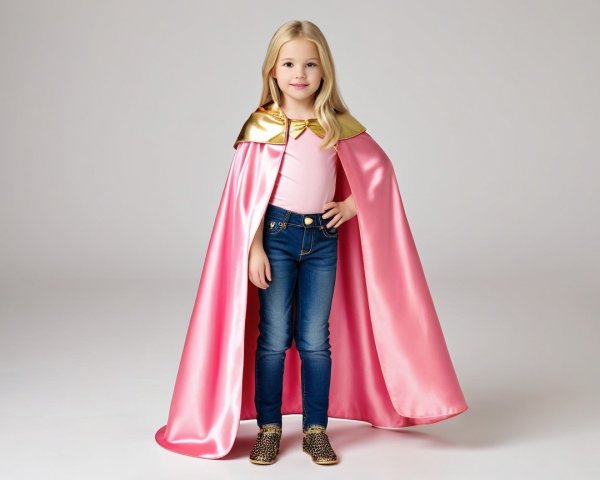 Young girl in pink shirt and stylish cape outfit