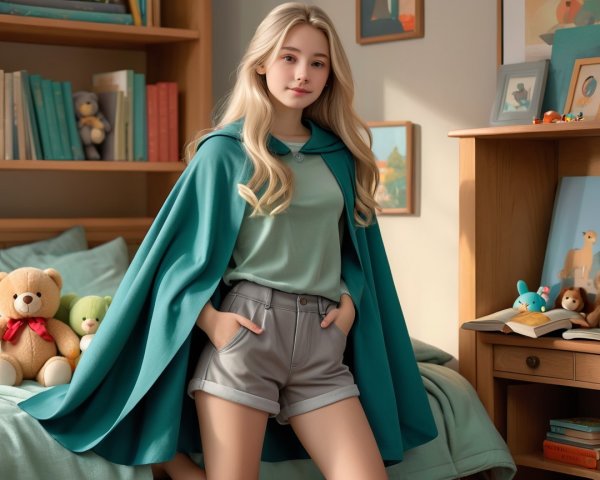 Young girl in bedroom with teal cape and teddy bear