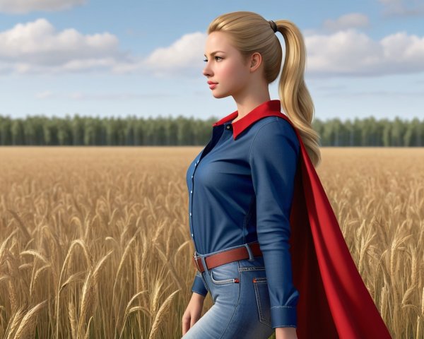 Young Woman in Wheat Field with Red Cape and Blue Shirt