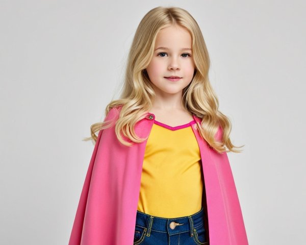 Young girl in yellow top and pink cape outfit