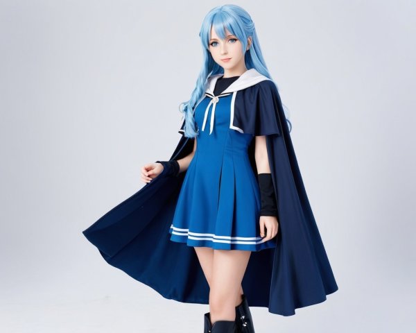 Character in Blue Outfit with Flowing Cape and Boots