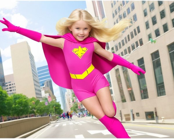 Young girl in pink superhero costume poses in city street