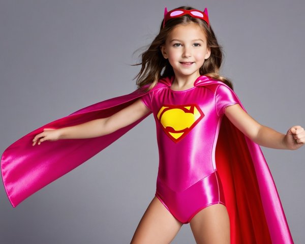 Young girl in vibrant pink superhero outfit with cape