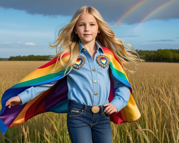 Young girl in a golden field with rainbow elements