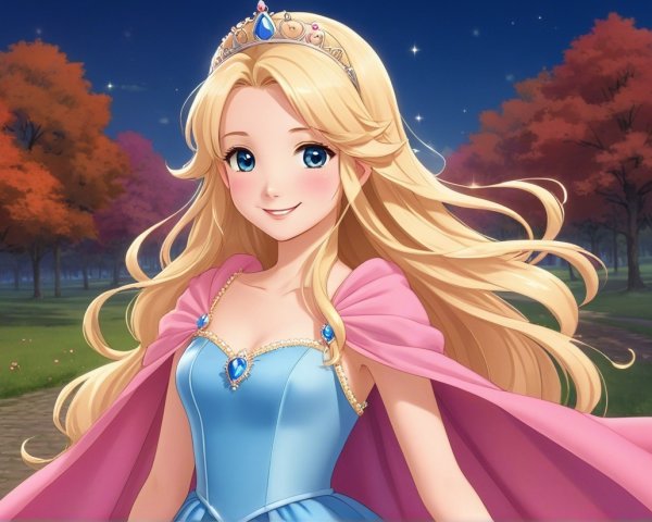 Charming Princess in Blue Gown in Twilight Park