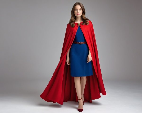 Stylish Woman in Red Cape and Blue Dress Outfit