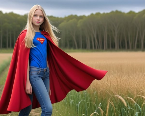 Young girl in superhero costume in wheat field