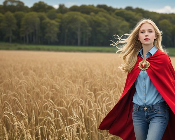 Young woman in red cape walks through wheat field