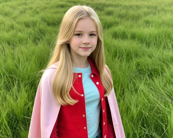 Pale Girl in Red Jacket Smiling in Green Field