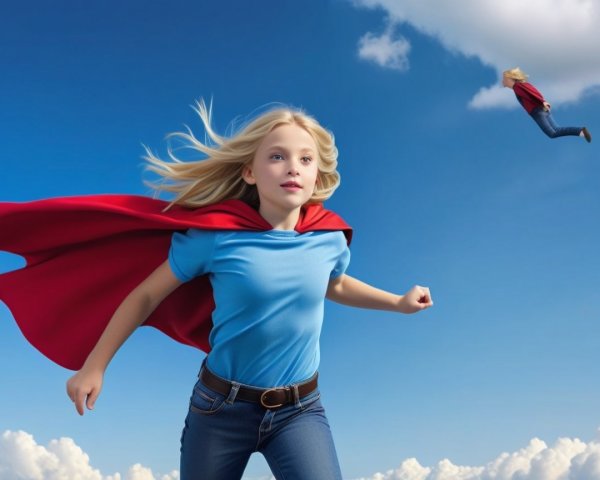 Young girl in blue shirt with red cape in sky
