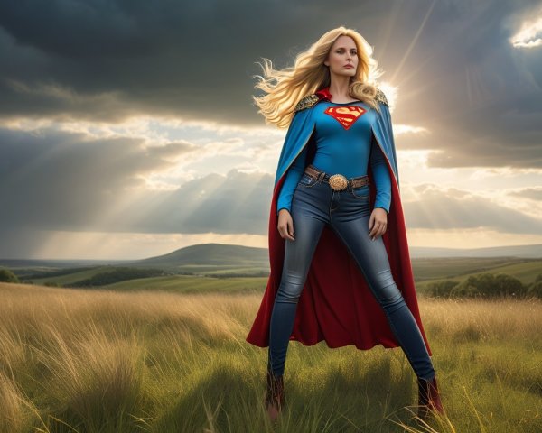 Modern superhero in sunlit landscape with cape and emblem