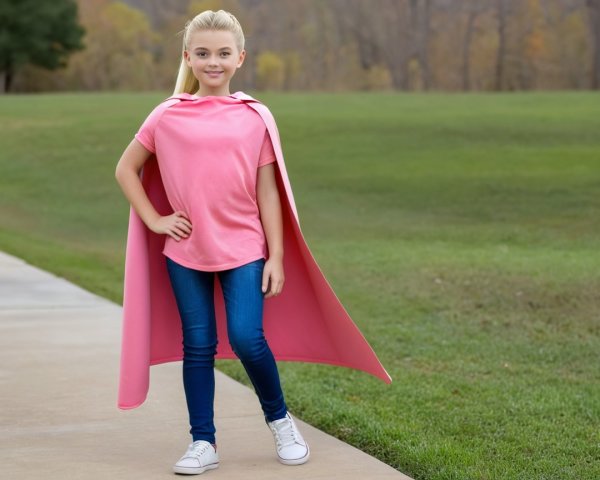 Young girl in pink t-shirt with superhero cape outdoors