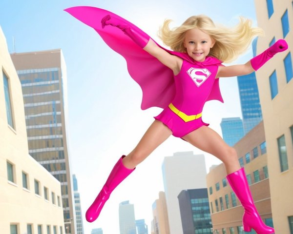 Young girl in pink superhero costume poses in mid-air