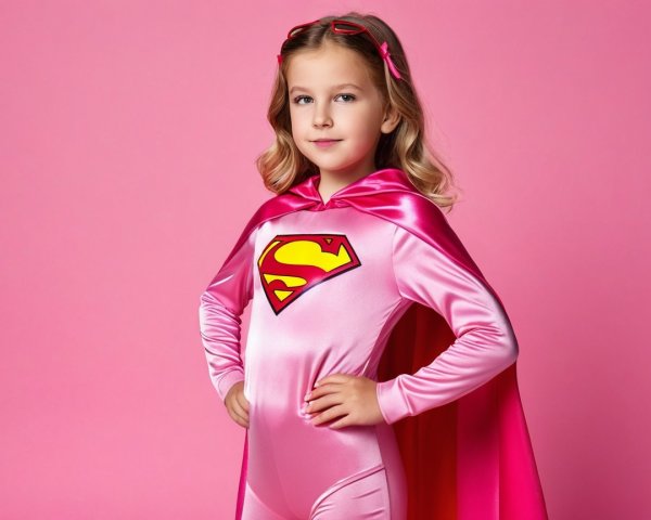 Young girl in pink superhero costume with cape