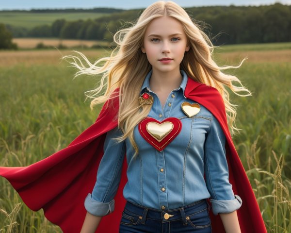 Young girl in green field with red cape and denim shirt