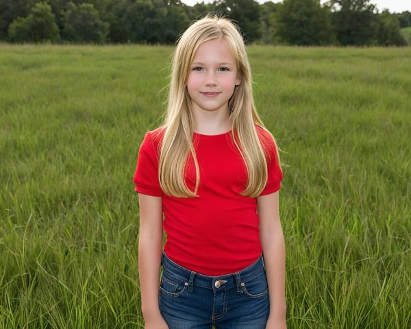 Young girl in red top and blue jeans in green field