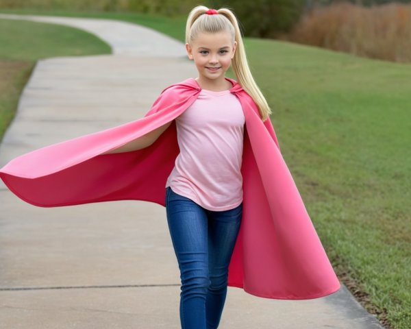 Young girl in pink cape walking on a sunny pathway
