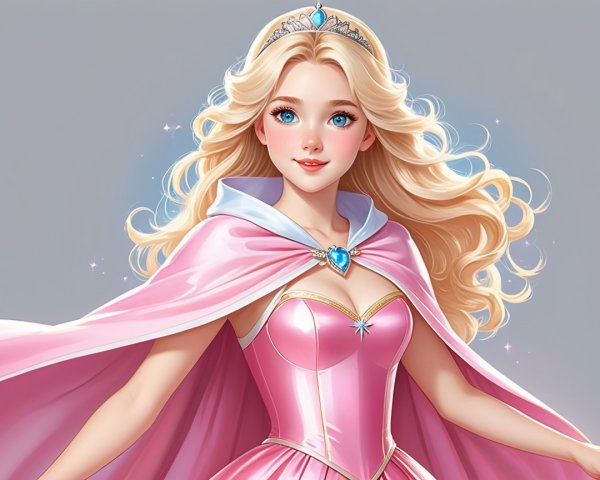 Young princess in pink gown with flowing blonde hair
