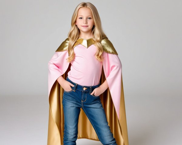 Young girl in pink shirt and gold cape smiling