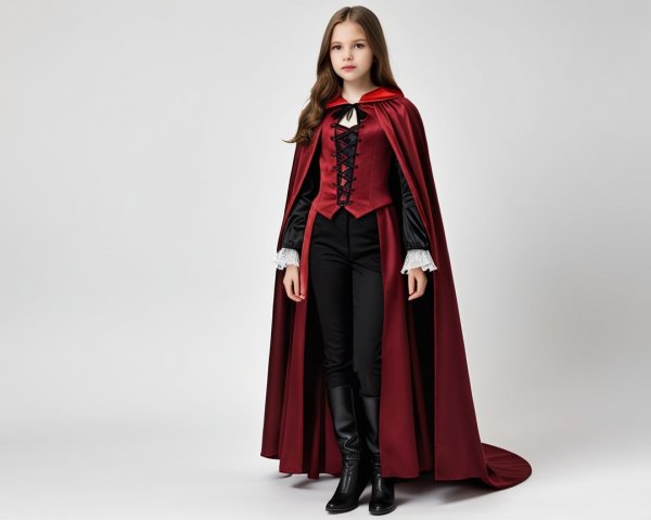 Young girl in striking red costume with dramatic cape