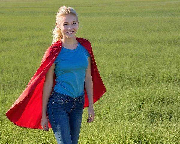 Confident Woman in Field with Red Cape and Jeans