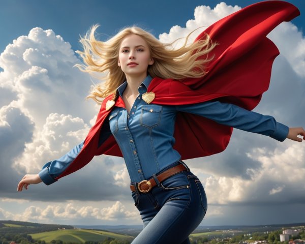 Confident Young Woman in Denim with Red Cape Outdoors