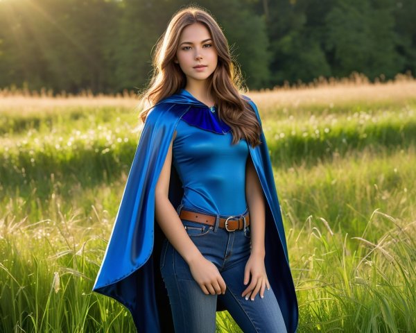 Young woman in blue cape poses in sunlit field