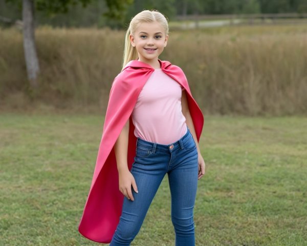 Young girl in grassy field with red cape and jeans