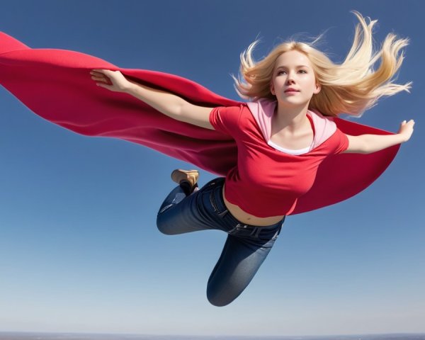 Caucasian Woman Floating in Blue Sky with Cape