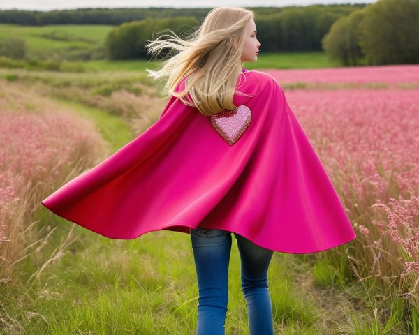 Young girl in pink field with flowing hair and cape
