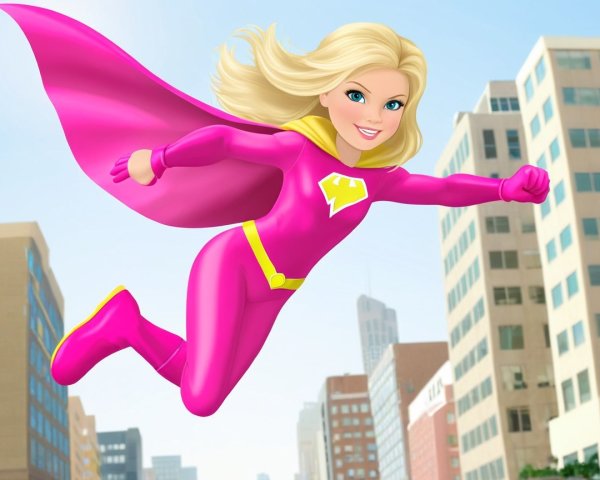 Vibrant Superheroine in Pink Suit Soaring Over City