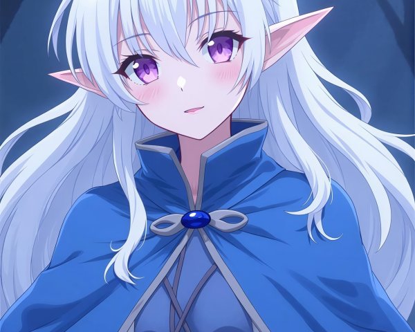 Elf Portrait with White Hair and Purple Eyes in Forest