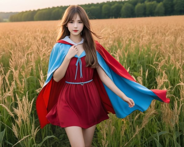 Young Woman in Red Dress in Wheat Field