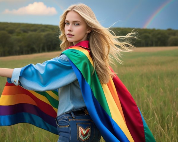 Young Woman in Field with Rainbow and Cape