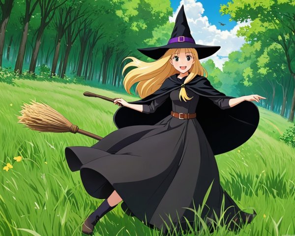 Young witch in black cloak twirls in green meadow