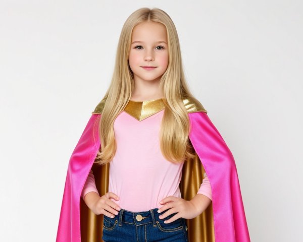 Young girl in pink cape with golden accents and pose
