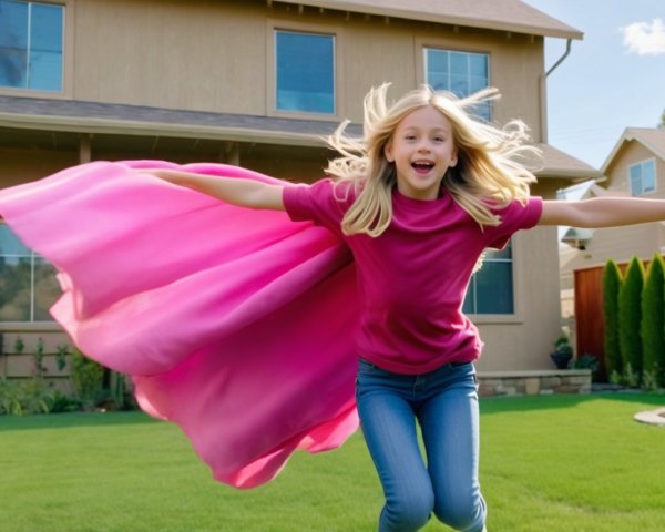 Joyful girl in pink cape twirling in green backyard