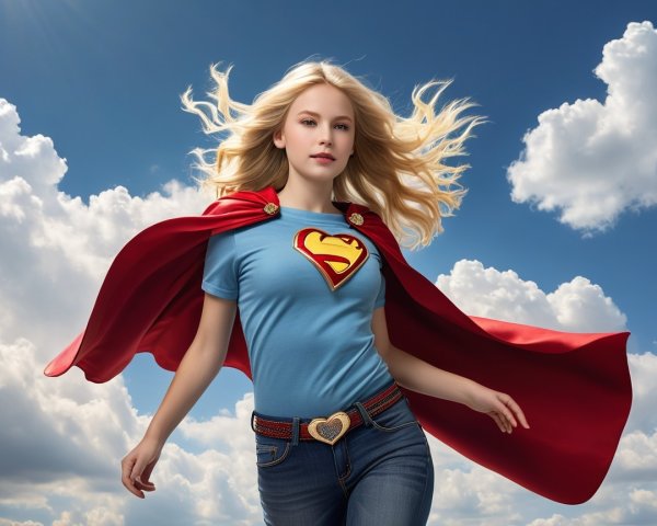 Young Woman in Superhero Outfit Against Blue Sky
