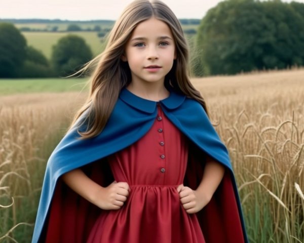 Young girl in red dress in a golden field setting