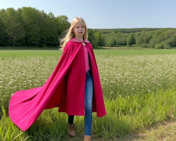 Young girl in pink cape walks through green field