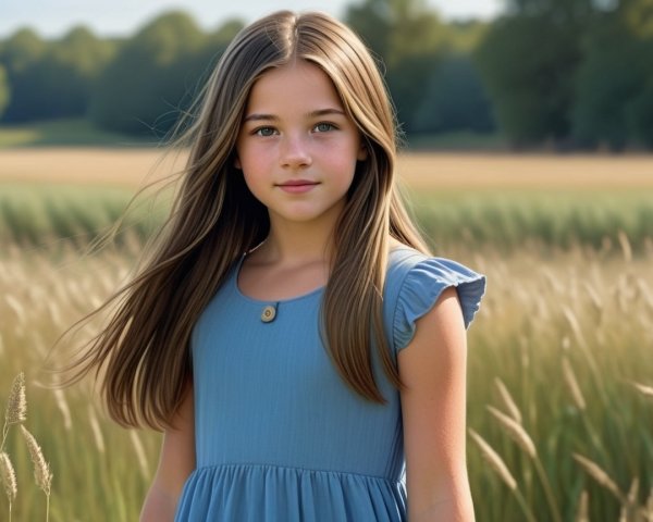 Young girl in sunlit field with blue dress and greenery